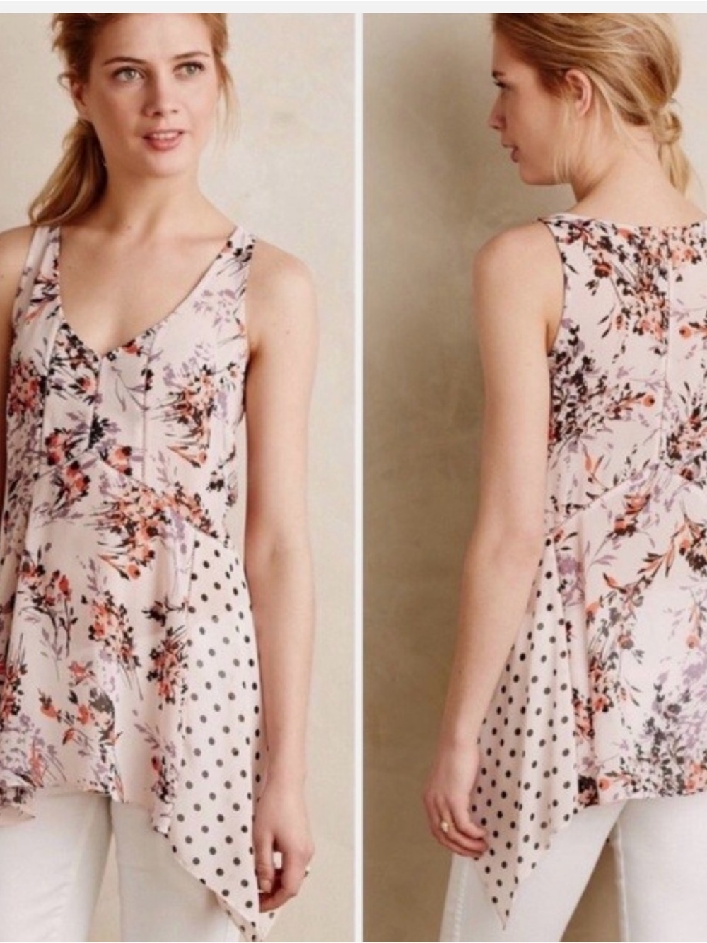 Vanessa Virginia for Anthropologie Pink Floral & Polka Dot V-Neck Tank Top
